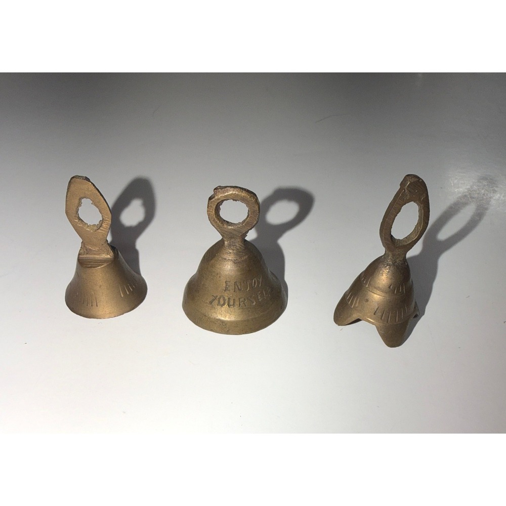 Lot of 3 Vintage Brass Mini Bells Gold Enjoy Yourself Engraved Rare Collectible